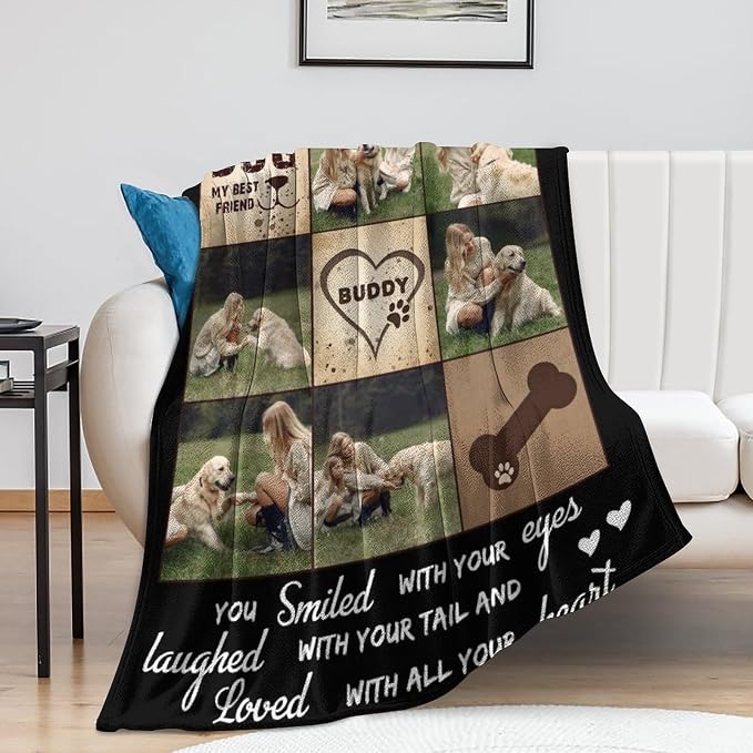 Custom Dog Photo Blanket Personalized Dog Memorial Blanket with Pictures & Name, Memorial Gifts for Loss of Dog, Pet Loss Sympathy Remembrance Gifts, in Loving Memory Blanket for Dog Lovers Dog Mom M