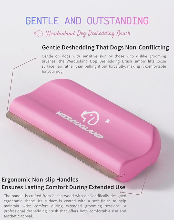 Deshedding Brush for Dogs and Cats, Wooden Ergonomic Handle | For short, long, double-coated dogs and cats. Gently removes loose undercoat without scratching. Wooden ergonomic grip.