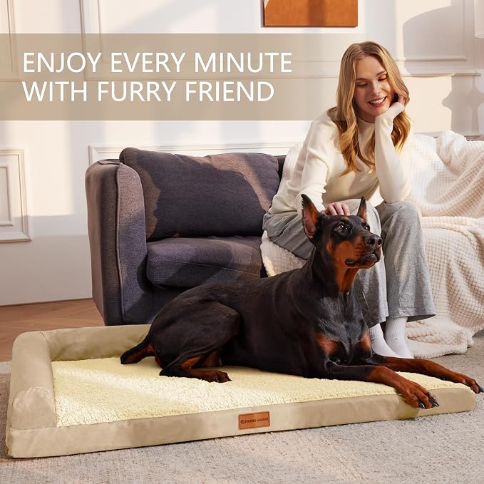Patas Lague Orthopedic Large Dog Bed Washable Pet Sofa Bed 42''X28''Beige | 2-Sided Bolster Egg-Crate Foam Dog Couch Large Sized Dogs, Waterproof Removable Washable Cover, Nonskid Bottom Pet Crate Mat