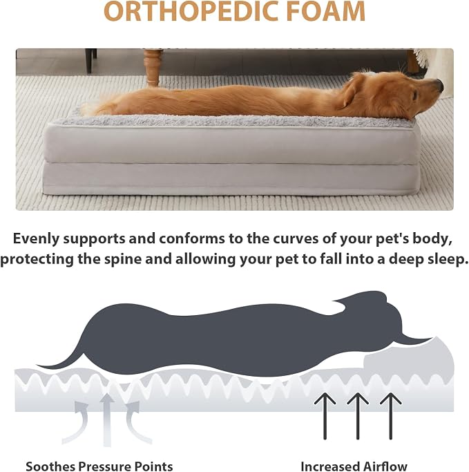 BFPETHOME Orthopedic Washable Dog Bed, Sleeping Couch for Large Senior Dogs | Deluxe Plush Rose Velvet Washable Cover, Egg Crate Foam Support, Waterproof Lining, Non-Slip Bottom, Senior Dogs