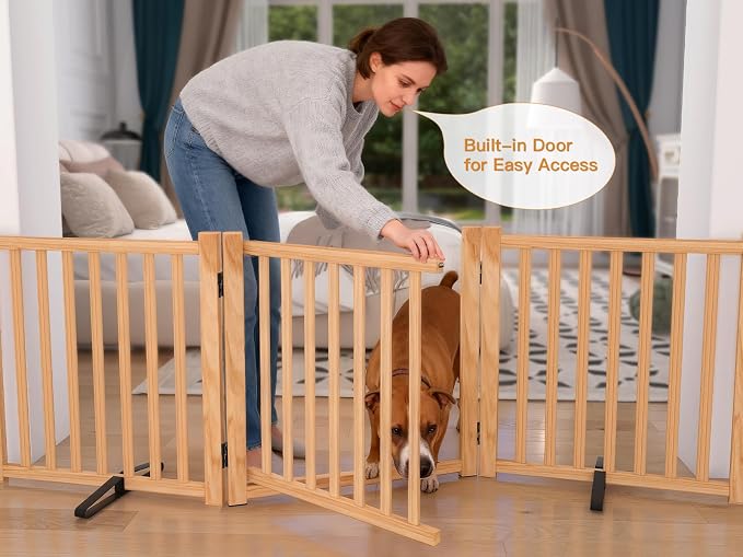 YOCAN Non-Painted Wooden Freestanding Dog Gates with Door for The House,Doorways, Stairs,Wood Dog Fences Indoor Pet Gate,Step Over Fence-4 Panel H:23"