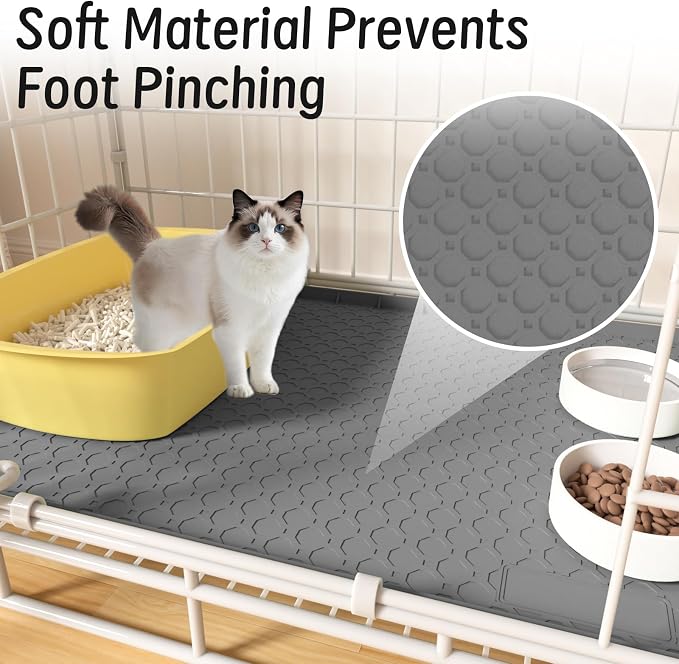 Silicone Large Cat Litter Mat 34" X 22", Cat Mat for Litter Box, Cats Litter Trapping Mats with Raised Edges, Non-Slip and Urine Waterproof Surface, Gray