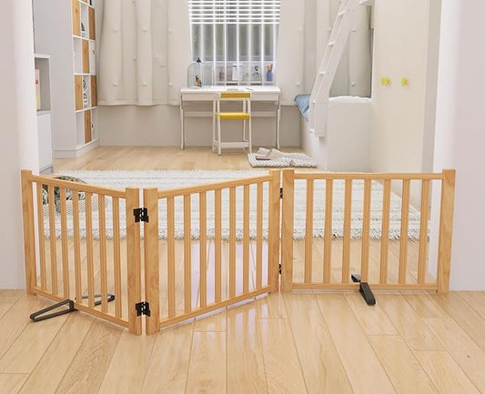 YOCAN Non-Painted Wooden Freestanding Dog Gates for The House,Doorways, Stairs,Wood Dog Fences Indoor Pet Gate,Step Over Fence-3 Panels L:69" H:16.9"