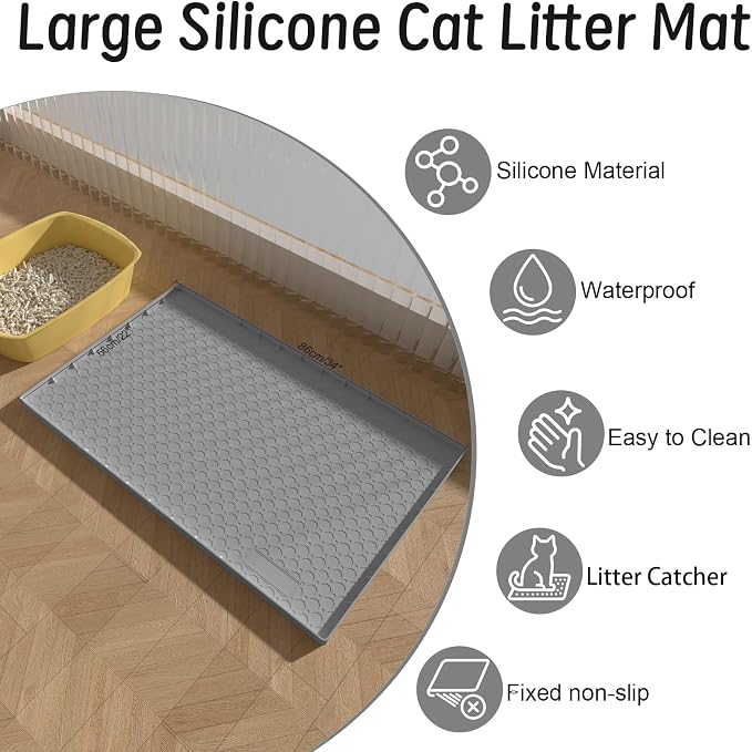 Silicone Large Cat Litter Mat 34" X 22", Cat Mat for Litter Box, Cats Litter Trapping Mats with Raised Edges, Non-Slip and Urine Waterproof Surface, Gray