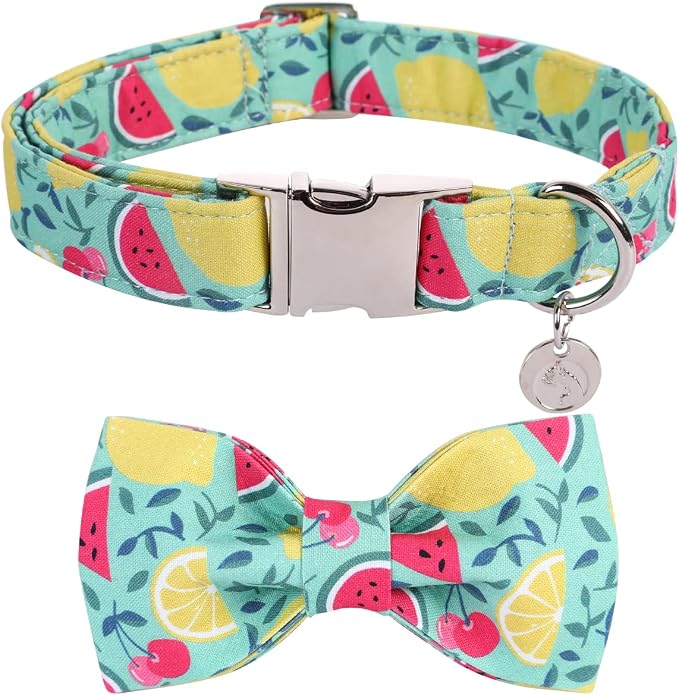 DOGWONG Cotton Summer Dog Collars, Lemon Bowtie Dog Collar, Adjustable Heavy Duty Girl Dog Collar with Bow for Small Medium Large Dogs,XS