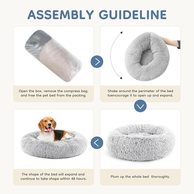 DUMOS Donut Dog Beds for Large Dogs, Machine Washable Cuddler Warming Cozy Fluffy Faux Fur Plush Round Pet Bed, Anti-Slip Bed for Indoor Dogs and Cats, 30.7x30.7 Inch, Grey