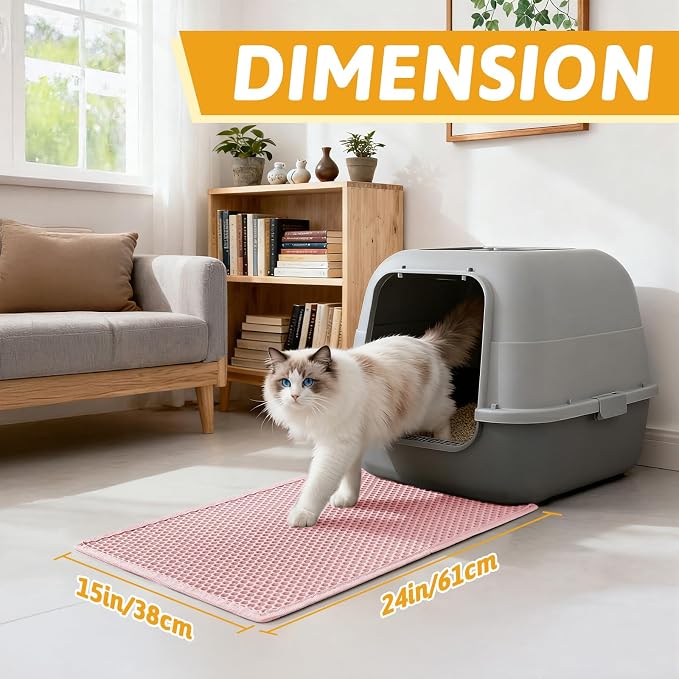 Pieviev Cat Litter Mat, Double-Layer Waterproof Litter Trap, 24" x 15" Pink | Honeycomb Design Catches Scattered Particles to Stop Tracking, Urineproof Base Protects Floors, Easy to Clean