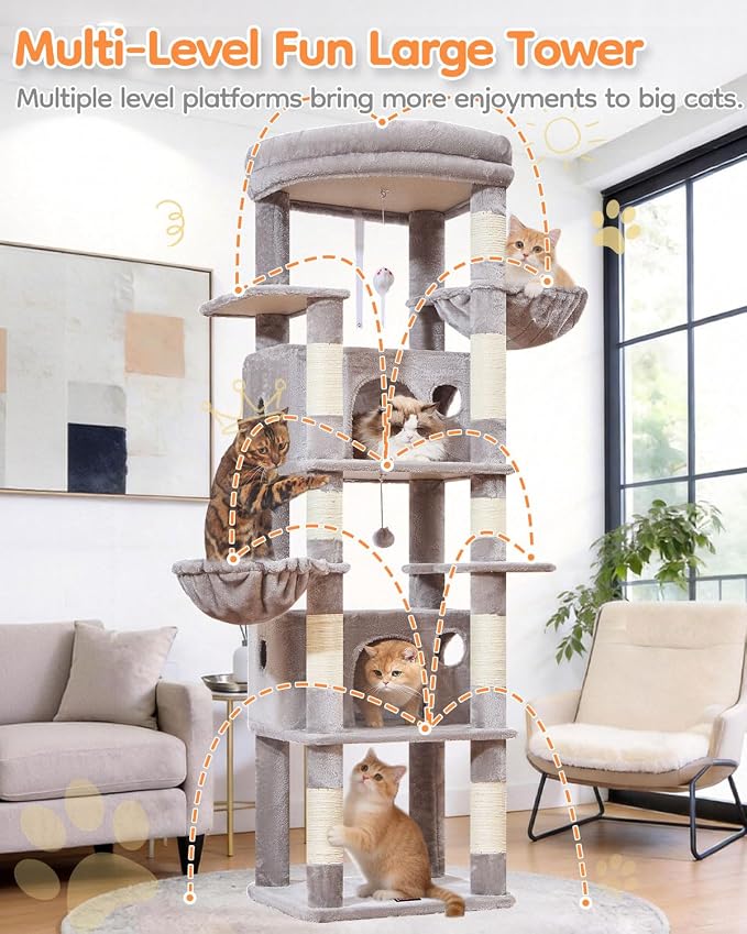 Taoqimiao Heavy Duty Cat Tree, 73In Sturdy Cat Tower for Large Cats 25lbs+ | 2 Widen Condos, Enlarged Sleeping Platform, 9 Scratching Posts, 2 Cozy Baskets, Cat Toys, Light Gray, F30W