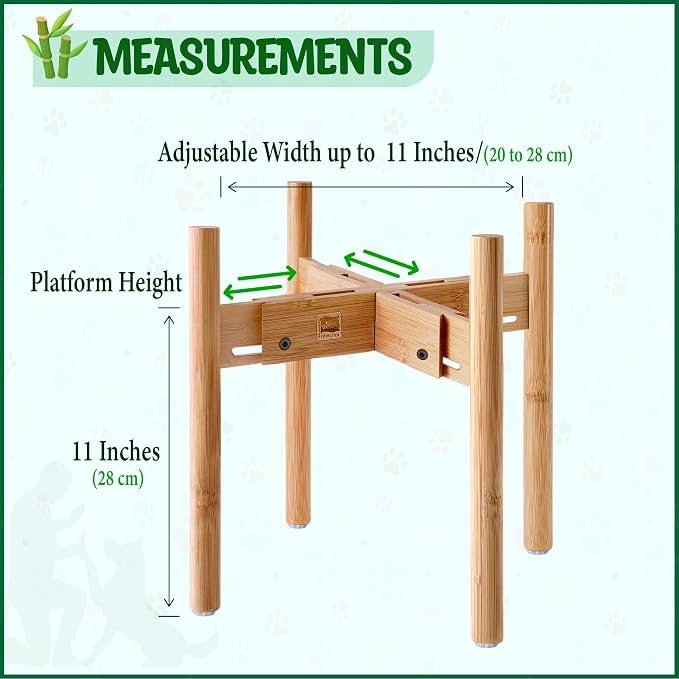 Dog Bowl Stand for Large Dogs - Adjustable, Easy Fold-Down | Use to Elevate Raise Dog Food, Water and Slow Feeder Bowls, Lock-Bolts and Tool Added, Foot-Padded, Bamboo Stand Only