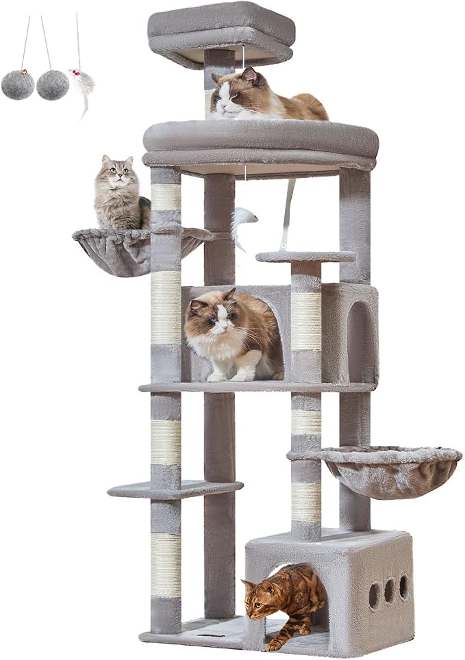 Taoqimiao 71in Cat Tree, Heavy Duty Large Cat Tower for Indoor Cats MS050W | Extra Wide Sturdy Base, Tall Multi-level, 7 Sisal Scratching Posts, 2 Houses, 2-Post Supported Baskets, 2 Perches, Light Gray