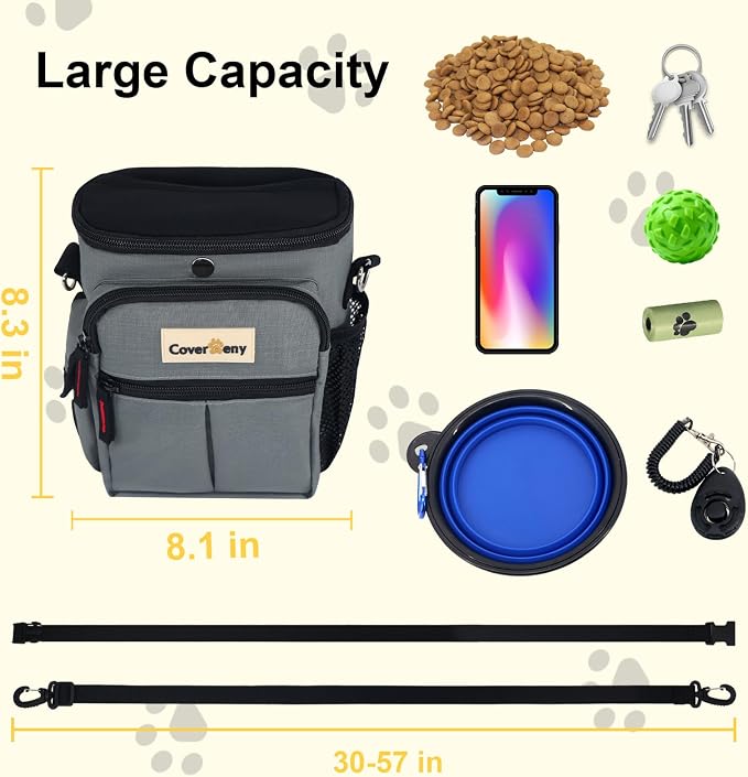 Dog Treat Pouch Open Top for Quick & Spill-Proof Access, Removable Pouch|Poop Bag Dispenser|3 Ways to Wear, Dog Treat Bag - Collapsible Bowl, Training Clicker & Poop Bag for Training & Walking. (Grey)