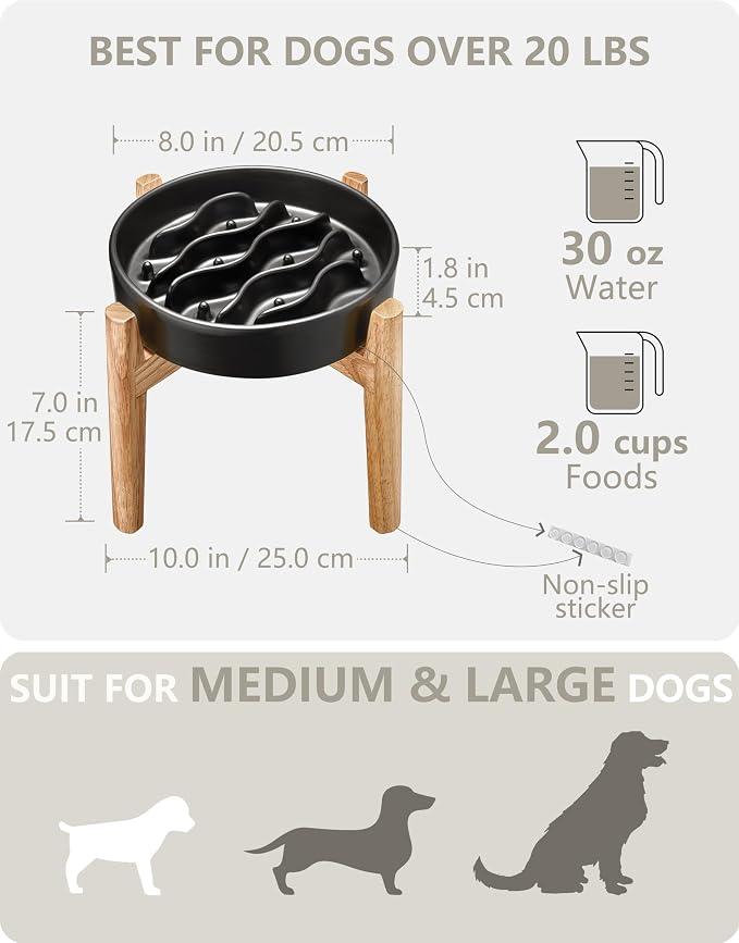 Ceramic Slow Feeder Dog Bowls Elevated, 2.0 Cups Dog Slow Feeder for Medium and Large Dogs, 30oz, 8in, Black