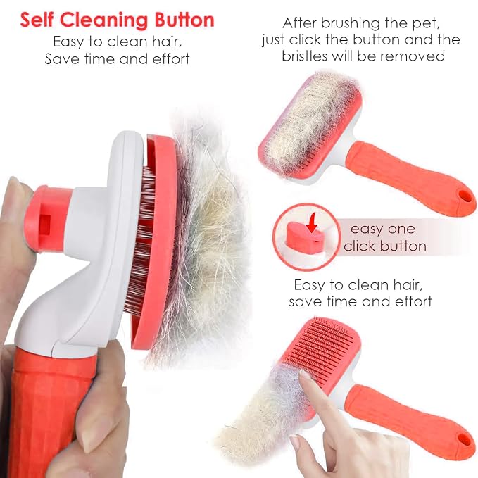 Self-Cleaning Slicker Brush, Dog Cat Bunny Pet Grooming Shedding Brush, Easy to Remove Loose Undercoat, Pet Massaging Tool Suitable for Pets with Long or Short Hair (Red)