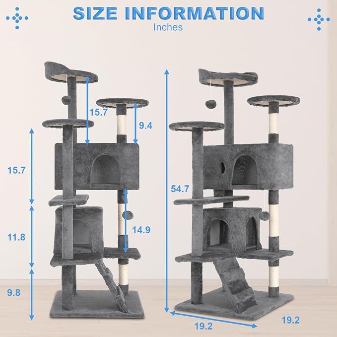 FDW | 54" Cat Tree Tower | Light Gray | Multi-Level Indoor Activity Center | with Sisal Scratching Posts, Condos, Plush Perches, Hanging Cat Toys | Sturdy, Easy to Assemble | for Kittens & Adult Cats