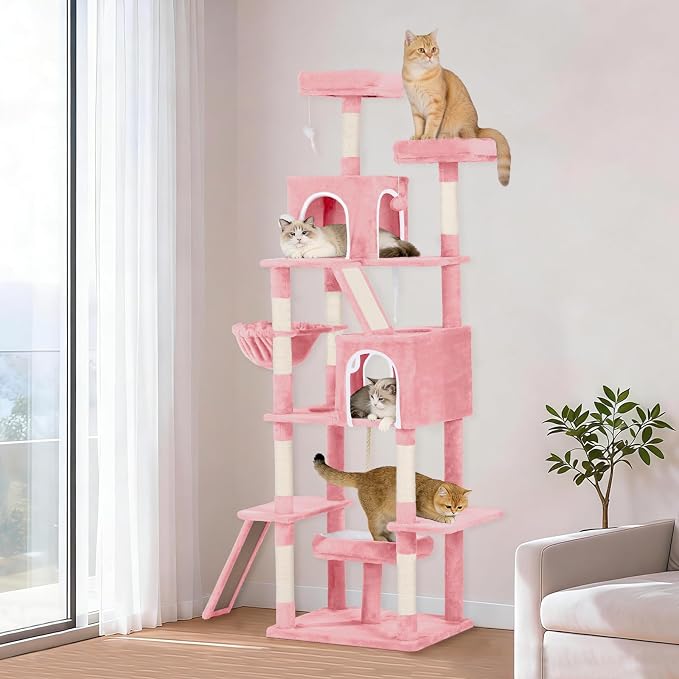 Multi-Level Cat Tree with 2 Cozy Condos, 89" Tall Cat Tower for Large Cats, Heavy Duty, Scratch Posts & Perches (Pink)