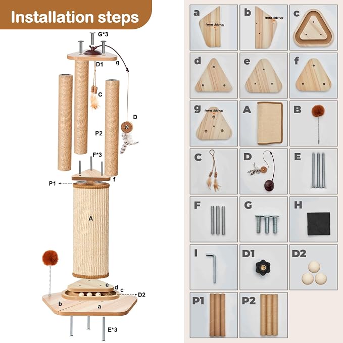 34 Inch Tall Cat Scratching Post for Large Cats, Heavy Duty Natural Sisal Cat Scratcher with Multi Interactive Toys 360° Rotating Feather Toy, Ball Track, Spring Pom for Adult Cats & Kittens