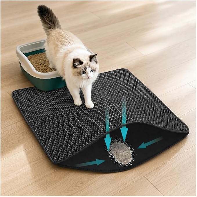 Cat Litter Mat for Indoor Cats Eva Double-Layer Litter Box Mat Washable for Easy Cleaning Cat Rug Collects Litter and Prevents Liquid Leakage (Black, 23.6×15.7inch)