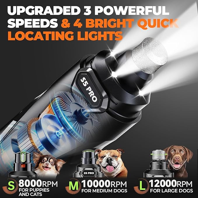 Whisper Quiet Dog Nail Grinder Safe & Stress-Free for Sensitive Dogs Cats | 4 LED Lights,3 Grinding Bits, 3-Speed, Pet Nail Trimmers, Rechargeable Painless Grooming Kit for All Breeds & Sizes