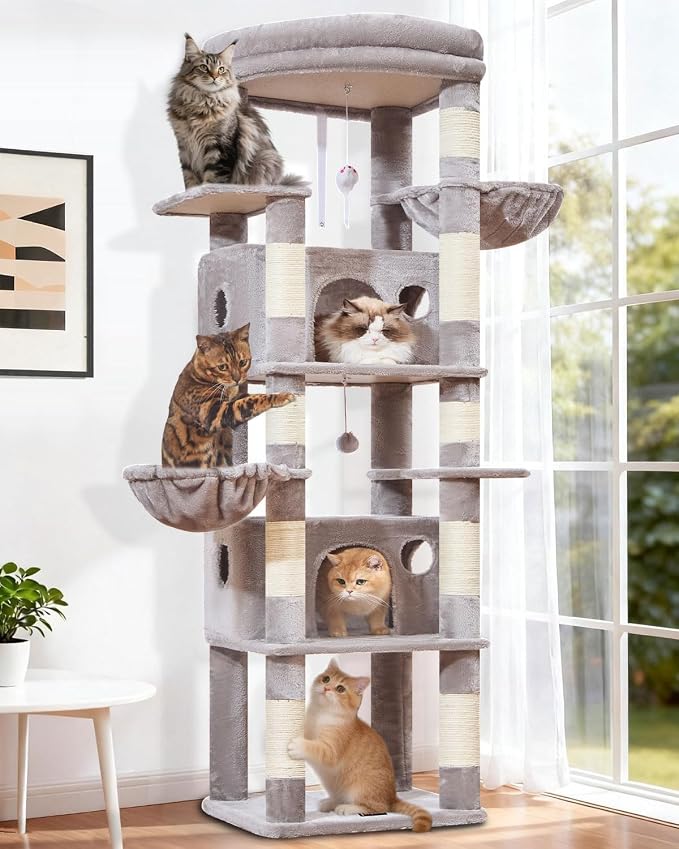 Taoqimiao Heavy Duty Cat Tree, 73In Sturdy Cat Tower for Large Cats 25lbs+ | 2 Widen Condos, Enlarged Sleeping Platform, 9 Scratching Posts, 2 Cozy Baskets, Cat Toys, Light Gray, F30W