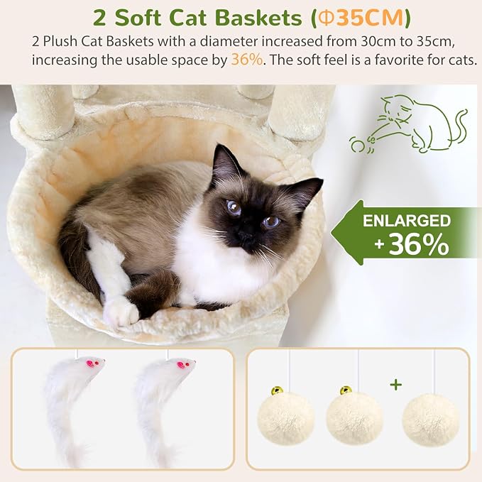 Globlazer S74E Pro Heavy Duty Maine Coon Cat Tree for Large Cats, Beige | 74in Sturdy Multi-Level Tall Cat Tree Tower for Indoor Adult Cats with Scratching Posts, 2 Cat Condos, 2 Top Perches
