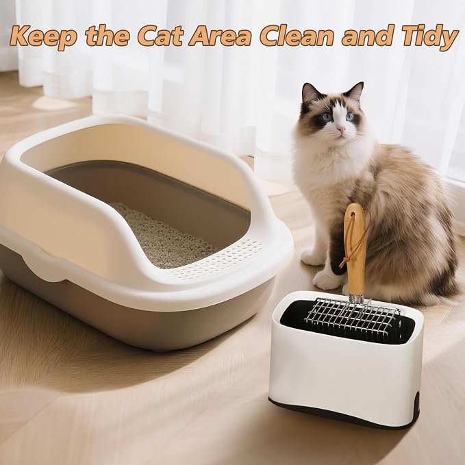 Metal Cat Litter Scoop with Holder, Poop Scooper with Stand&2 Rolls of Garbage Bag, Heavy Duty Stainless Steel Shovel with Wooden, Kitty Quick Sifter for Easy