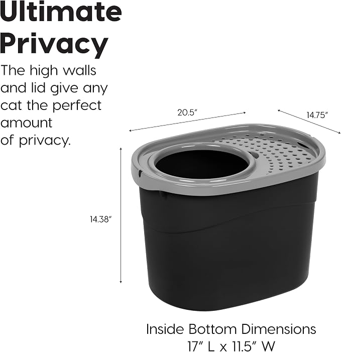 IRIS USA Large Top Entry Cat Litter Box with Lid, Enclosed Covered Cat Litter Box for Indoor Cats, Dog Proof Design, Odor Control, Litter Tracking Reduction, Scoop Included, Black/Gray