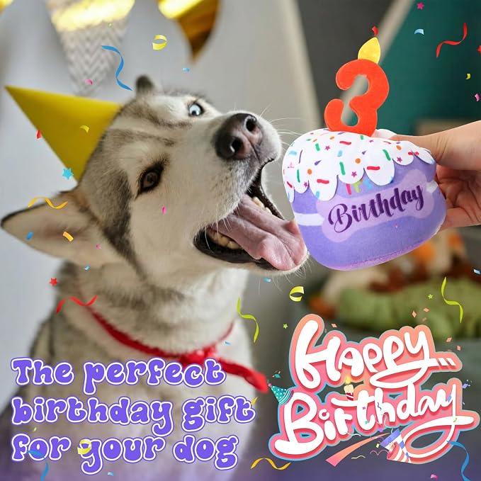 Dansydaisy Dog Birthday Cake Toy Squeaky Plush Toy for Girl Boy Gifts, Chew Accessories for Dog Birthday Party Decor Favor for Large, Medium and Small Dogs(3rd,Purple)