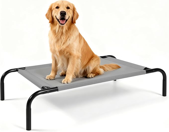 OUTSIDER Elevated Dog Bed with Breathable Mesh Fabric, Large Raised Pet Cot with Airflow and Support, Durable and Easy to Clean (Grey, Large)
