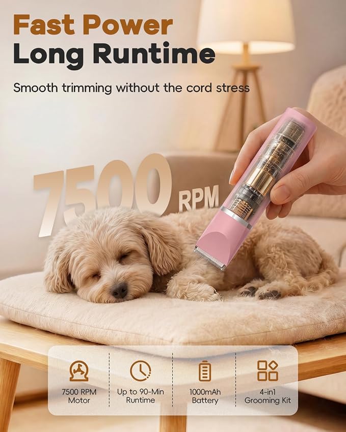 Veeconn 4 in 1 Dog Clippers Grooming Kit with Paw Hair Trimmer for Cat Pet | Low Noise, 7500RPM Powerful, IPX7 Waterproof, Safe & Easy for Beginners, 4 Guide Combs, Cordless Dog Nail Grinder (Pink)