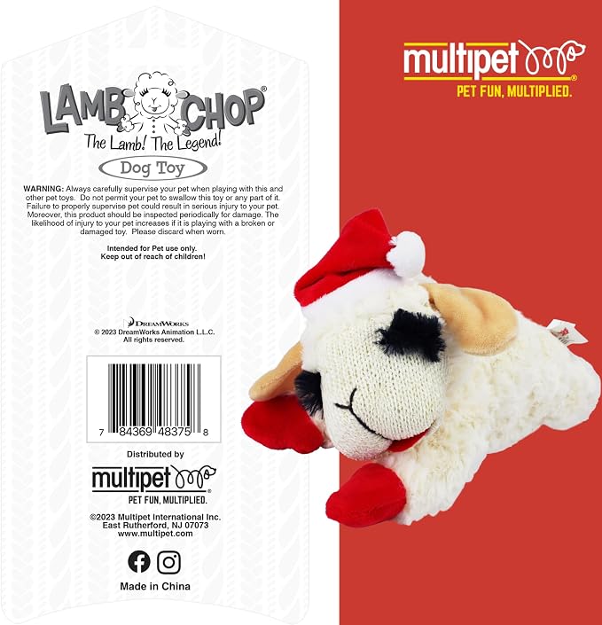 Multipet Holiday Lambchop with Santa Hat Plush Dog Toy, 10.5"
