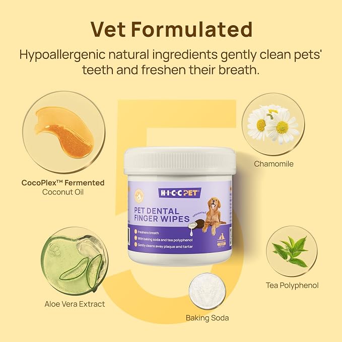 HICC PET Teeth Cleaning Finger Wipes for Dogs & Cats, Daily Oral Care Dental Wipes, Dog Toothbrush Alternative for Teeth & Gum Cleaning, Soft Textured Finger Wipes for Puppies, Adult Dogs & Small Pets