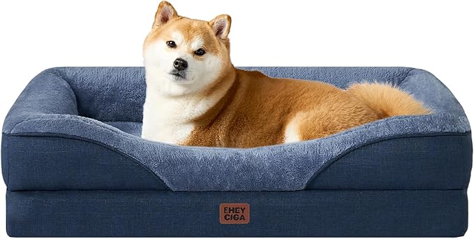 EHEYCIGA Orthopedic Dog Bed for Medium Dog, 35x22 Inch Memory Foam Dog Couch Bed with Sides, Waterproof Liner & Washable Removable Cover, Bolster Pet Sofa, Navy