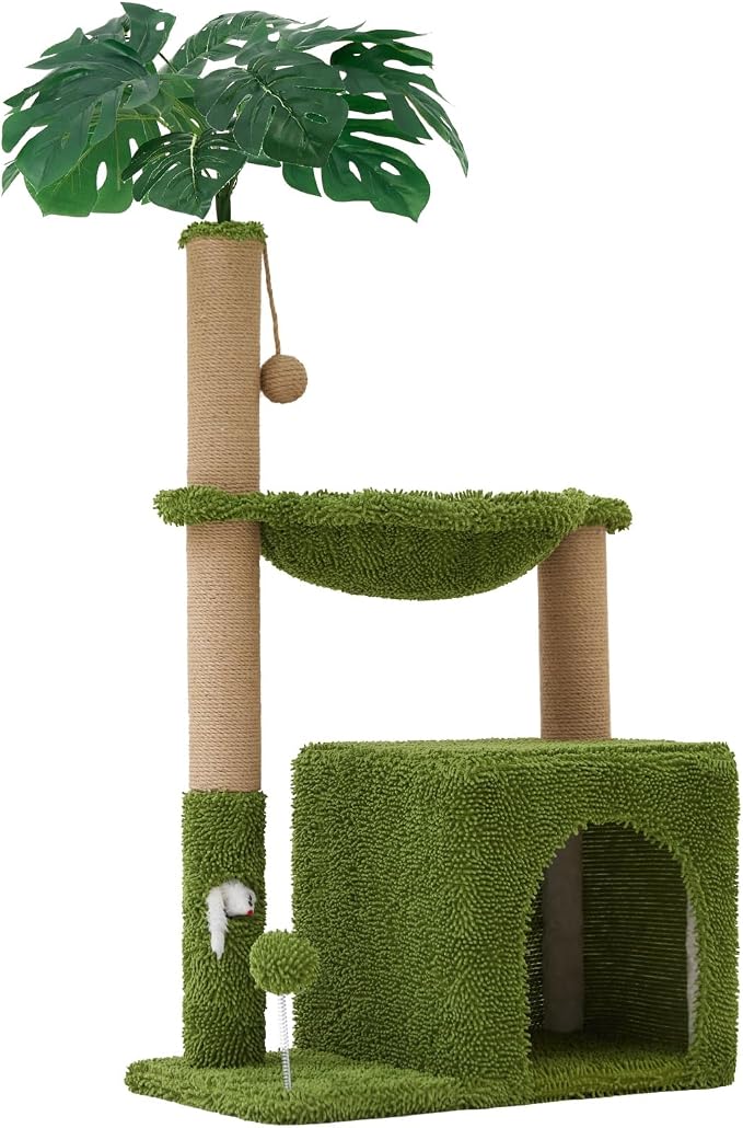 Woochpet 37" Small Cat Tree for Indoor Cats, Multi-Level Cat Tower with Sisal Scratching Post, Cozy Hammock, Cat Condo with Peek-a-Boo Mouse Hole, Interactive Toy Ball for Kittens and Small Cats