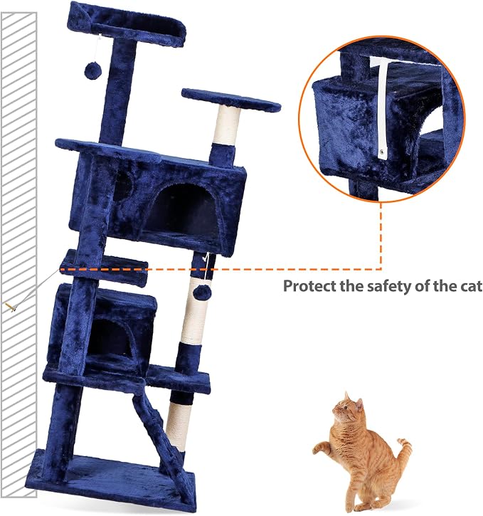 ZENY 53 inches Cat Tree with Sisal-Covered Scratching Posts and 2 Plush Rooms Cat Furniture for Kittens (Navy Blue)