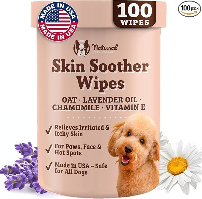 Natural Dog Company Skin Soother Wipes, 100 Count, Pet Wipes for Dogs, Hypoallergenic Formula, Dog Moisturizer for Dry Skin, Grooming, Pet Itch Relief for Dogs