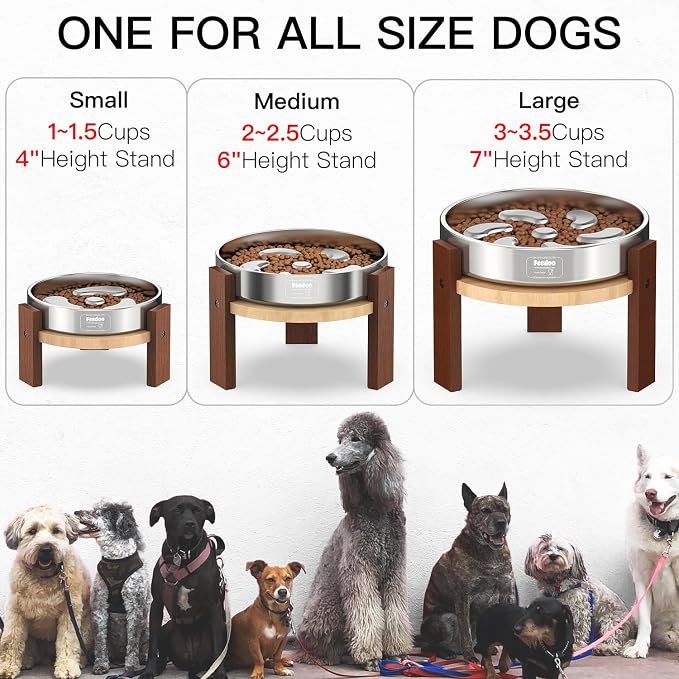 Feedoo Elevated Dog Bowl Stand, 7'' Height Raised Stand for Large Dogs, Includes 3Cups Stainless Steel Slow Feeder Dog Bowl, Durable Solid Hardwood