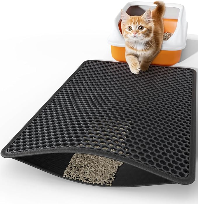 Powools Cat Litter Mat, Double-Layer, 30 x 24 in, Urine-Proof, Black | Non-Slip Litter Trapping Mat, Easy to Clean, Kitty Litter Mats for Floor, Scatter Control, Waterproof Litter Box Mat for Cats