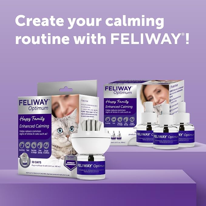 FELIWAY Optimum Cat Calming Pheromone Diffuser Refill - 3 Pack | Advanced Support to Help Reduce Urine Spraying, Scratching, Fighting & Hiding Due to Stress, 90 Day Supply