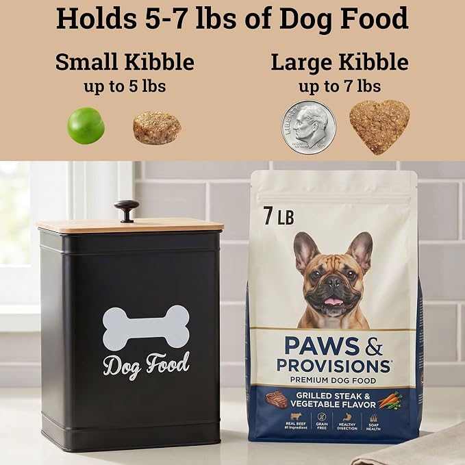 Dog Food Container Airtight Bamboo Lid 5-7 lb, 25 Cups, Sturdy Metal Handle | Pet Jar For Dogs up to 50lbs, Airtight Bamboo Lid, Sturdy Comfortable Metal Handle, Powder Coated Iron, Kibble Storage Bin