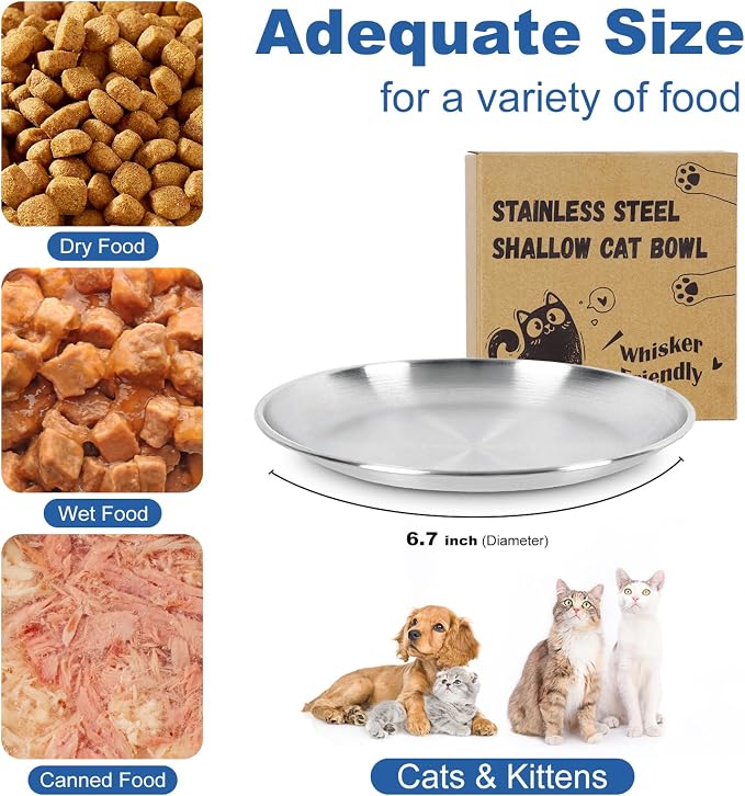 Supet Cat Plates Whisker Friendly, Non Slip Dish for Wet Food, Shallow Wide Flat Bowls Stainless Steel Metal for Indoor Cats, Kitten, Small Dog (13Oz, 4Pcs)