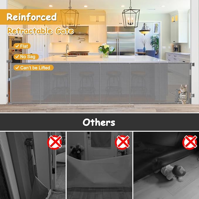 Reinforced 150 Inch Extra Wide Dog Gate with Cat Door 12.5 Ft Extra Long Baby Gates for Large Openings 37” Tall Retractable Pet Gates for Wide Openings Large Pet Gate with Cat Door, Gray