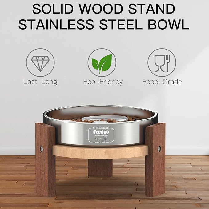 Feedoo Elevated Dog Bowl Stand, 4'' Height Raised Stand for Small Dogs, Includes 1Cup Stainless Steel Slow Feeder Dog Bowl, Durable Solid Hardwood