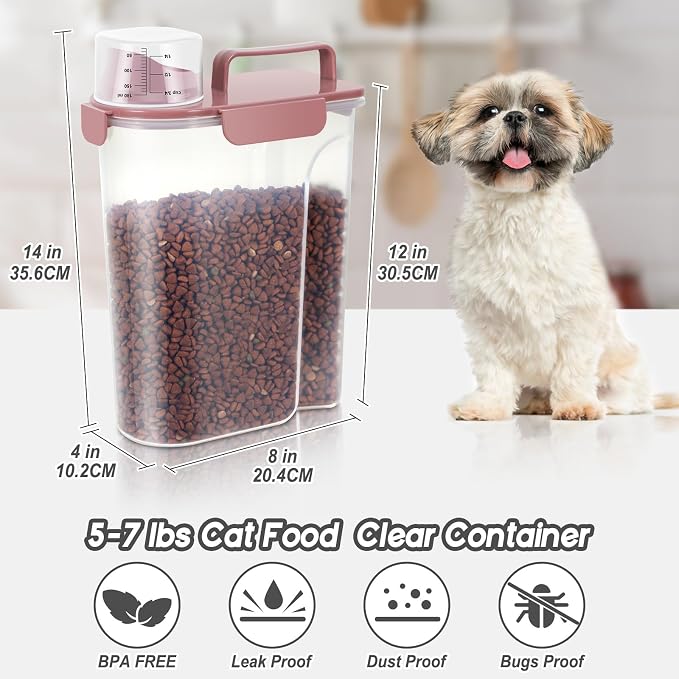 LEAWALK 5Lbs Airtight Pet Storage Container For Cat Dog Bird Food and Keep Fresh, Translucent Body, Upgraded Large Nozzle for Easy Pouring With Handle Design Easy to Carry When Going Rose pink 2pack