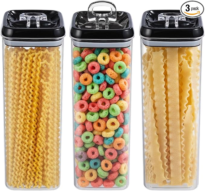 Felli Flip Tite TALL Storage Container with Lid 4" Air Tight Easy Open Ring Top, Clear Acrylic Skinny Canister Jar for Spaghetti Lasagna Fettuccine Noodle, Kitchen Cupboard Pantry Organizer (2.0 qt)
