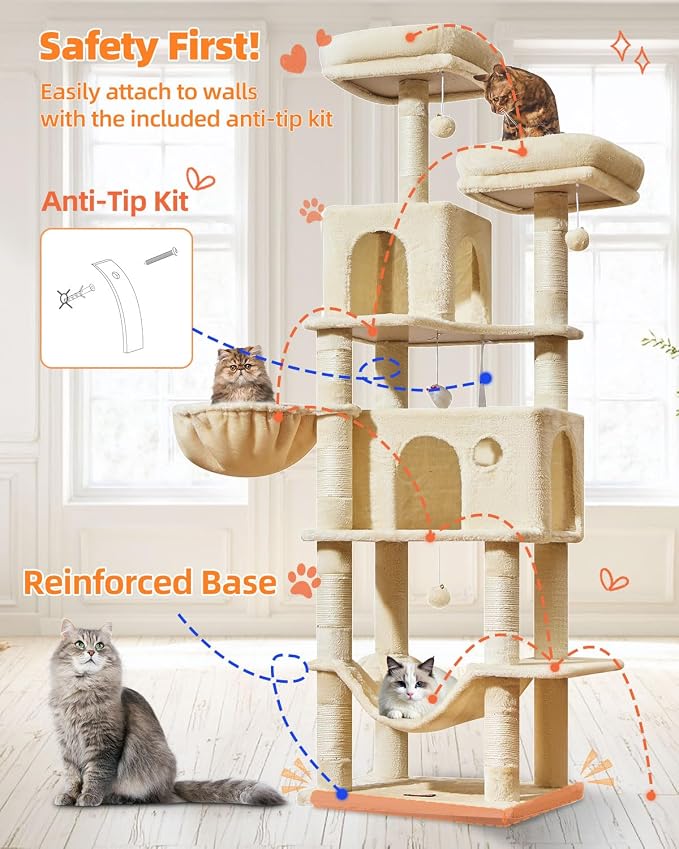 Taoqimiao Large Cat Tree, 73 in Tall Cat Tower with 2 Plush Big Cat Condos | 9 Scratching Posts, 2 Top Perches, Cozy Hammock & Basket, Indoor Cats, 2 Pompoms & Mouse Toy, Beige, MS013XLM