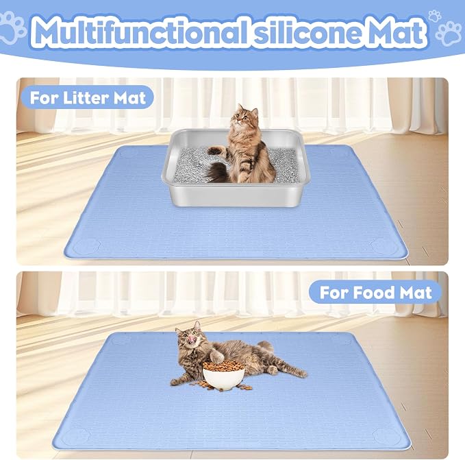 Silicone Cat Litter Mat for Litter Box 34”x22” Large Cat Mat, Blue | Waterproof, Non-Slip, Leak-Proof Rug Mat with Lip, Easy to Clean, Extra Large Litter Catcher Mat for Floor
