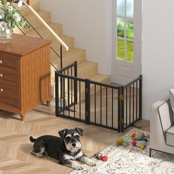 Snuowu 16" Freestanding Short Dog Gate for Small Dogs – Foldable & Retractable, Expands Up to 48" Wide, 4-Panel Pet Barrier for Doorways, Stairs & Hallways (Black)
