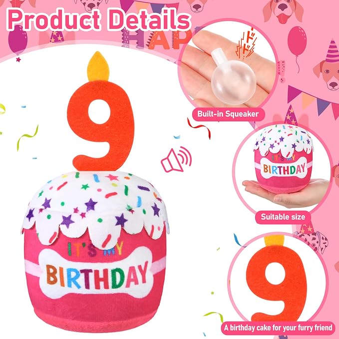 Dansydaisy Dog Birthday Cake Toy Squeaky Plush Toy for Girl Boy Gifts, Chew Accessories for Dog Birthday Party Decor Favor for Large, Medium and Small Dogs(9th,Pink)