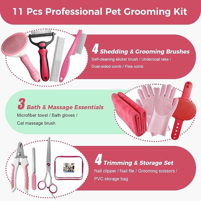 11 Piece Dog Grooming Kit - Hair, Nail, Massage Bath Supplies For Pets Cats | slicker dog brush for shedding，comb, undercoat rake, nail clipper tool, towel, scrubber gloves, scissors, all in one fur care
