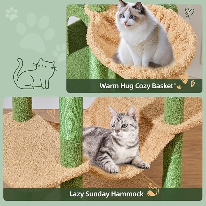 Taoqimiao Heavy-Duty Cat Tree, 71 in Cat Tower for Large Cats 20lbs+ | 3 Giant Multi-Tier Perches, Widened Cat Condo with 9 Scratching Posts, Plush Hammock & Basket, Toys, Cactus, MS034T